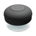 A waterproof black Bluetooth speaker with a circular design and control buttons on top. It features a clear base.