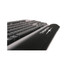 A black gel keyboard wrist rest positioned in front of a black keyboard, featuring a logo on the surface.