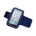 A blue armband featuring a clear protective cover for a smartphone, designed for ease of use and accessibility.