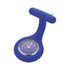 A blue silicone nurses watch with a clip and a round face displaying the time. Features a logo as well.