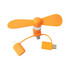 An orange portable phone fan with a flexible arm and connectors for different devices. It has a logo on the body.