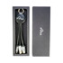 A sleek black gift box containing a multi-cable keychain with USB connectors. The box has a logo.