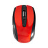 A red wireless mouse with a black underside and scroll wheel, featuring a logo on its surface.