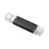 A black and clear USB flash drive featuring a sleek design and a logo.