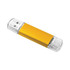 A yellow flash drive with clear ends, featuring a sleek, minimalist design and a branding logo.
