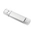A clear USB flash drive with a rectangular design and silver accents. It features a logo on its body.