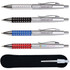 Four metallic pens in silver, black, blue, and red, featuring decorative elements and a carrying case.