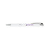 A metal pen in white with a shiny silver clip and a logo printed on the side.