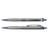 A metal pen with a sleek silver and chrome design, featuring a textured grip and a clip.
