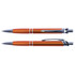 A metal pen with an orange finish and chrome accents, featuring a textured grip and a clip for attachment.