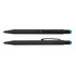 A black pen with a blue stylus tip and clip, featuring a sleek design. The product includes a logo.