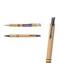 A paper pen with a brown body and metallic accents, featuring a logo and a clip for attachment.