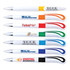 Several plastic pens in white with colorful grips, featuring various logos and branding on each pen.