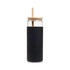 A glass tumbler with a black silicone sleeve and a wooden lid featuring a straw.