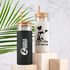 A set of two glass tumblers with bamboo lids, one black and one white, featuring logos and designs.
