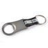 A drink bottle opener featuring a sleek metallic design with a black fabric strap and a keyring attached.