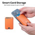 An orange magnetic card wallet stand attached to a smartphone, holding three cards. It features a branding logo.