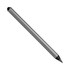 A stylus pen in silver with a black tip, featuring a logo on its surface.