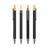 A collection of four eco-friendly pens featuring a black barrel and bamboo accents, each with a metal clip.