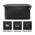 A black toiletry bag with various branding options displayed below, including laser engraving and print styles.