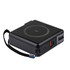 A compact black power bank with multiple ports and a carrying strap. It features a circular design and a logo.