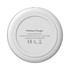 A round, white wireless charger with a smooth surface and a logo on the underside.