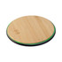 A round bamboo wireless charger with a black circular edge and a glowing green outline.