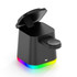 A black wireless charger with a textured lid and a multi-coloured LED base. It features a side button and a charging port.
