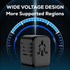 A black travel adaptor with multiple sockets and a voltage design feature. Includes a logo.