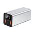 A silver power bank with two USB ports and a digital display, designed for laptops and devices.