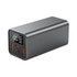 A grey power bank with two USB ports, a USB-C port, and a digital display showing power status.