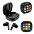 A pair of black wireless earbuds with a charging case and a smart LCD touch screen displaying colourful icons.