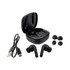 Black wireless earbuds in a charging case, accompanied by a USB cable and additional ear tips.