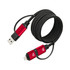 A black and red coiled charging data cable with USB and Lightning connectors, featuring a brand logo.