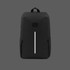 A black backpack featuring reflective detailing and side pockets. It includes a branding logo on the front.