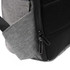 A grey and black computer backpack featuring zippered compartments and a mesh pocket. It has a logo on the side.