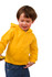 A child wearing a bright yellow fleece hoodie with a front pocket, smiling and interacting with a toy.