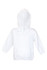 A white baby fleece hoodie featuring a front pocket and a hood. The hoodie has a branding logo.