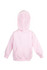 A pink baby fleece hoodie with a hood and a front pocket, featuring a logo on the fabric.