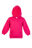 A pink baby fleece hoodie featuring a front pocket and an attached hood. It has a logo on the label.