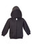A black fleece baby zip hoodie with a front pocket and a hood. It features a logo on the design.