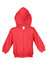 A red fleece baby zip hoodie with a hood and front pockets, featuring a logo.