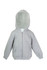 A grey fleece baby zip hoodie with a hood and two front pockets. Features a logo on the label.