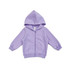 A purple fleece baby zip hoodie with a hood and front pockets, featuring a logo on the label.