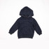 A dark blue fleece baby zip hoodie with a hood and front pocket. It features a logo on the garment.