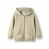 A khaki fleece baby zip hoodie with a front zip and two pockets. It features a hood and has a branding label.