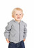 A grey fleece baby zip hoodie worn by a toddler, paired with blue denim jeans. The child is smiling and standing.