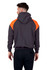 A men's hoodie featuring a dark grey body with bright orange contrast panels on the shoulders. It has a hood and a logo.