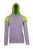 A grey hoodie with a contrast bright green panel on the shoulders, featuring a hood and front pocket.