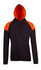 A black hoodie with orange contrast panels on the shoulders and a hood, featuring a front pocket and drawstrings.